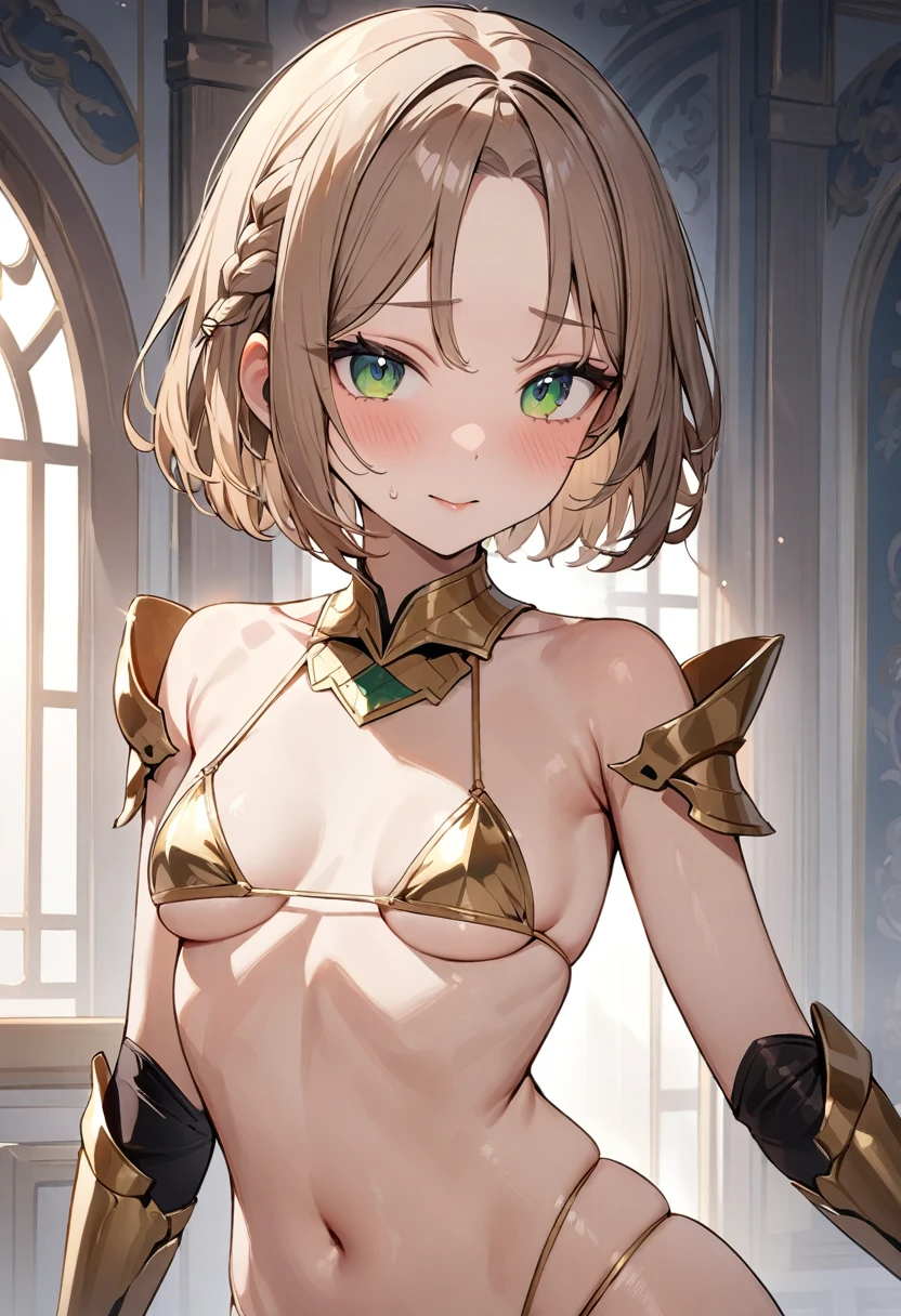(masterpiece, top quality, very aesthetic, 4k、illustration), ()、intricate detail, 1woman,solo,contrapposto 、(gradient eyes、tareme)、、very short hair、parted bangs,Fair skin,(cowboy shot)、beautiful women、clear face、、(micro bikini armor),beautiful face、(gradient hair)、(braid light brown hair)、sidelock ,,green eyes、Warrior 、bikini armor、small breasts、slender 、Abd、ケープ