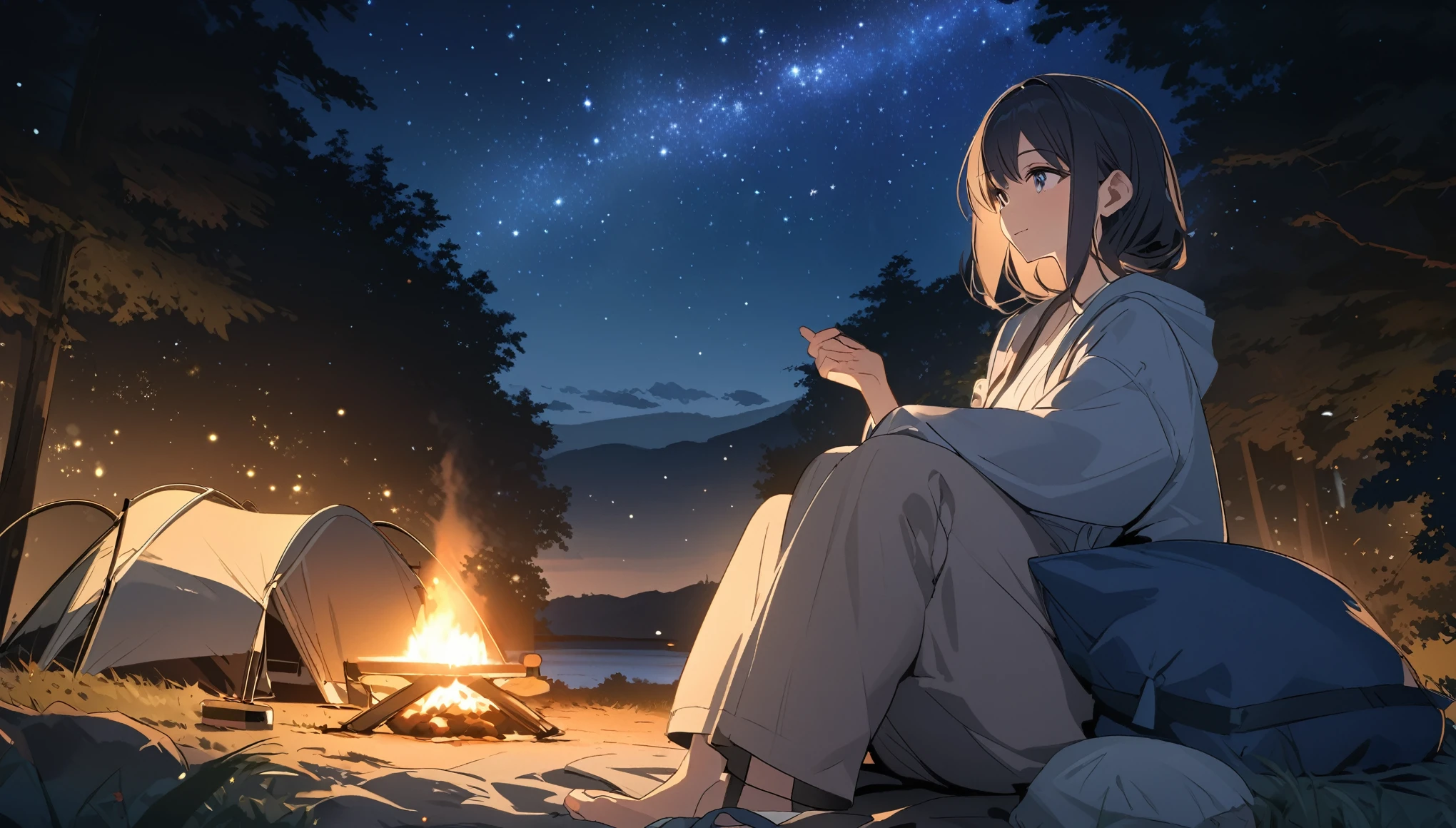 Woman gazing at the stars while camping,Night starry sky,Streetscape、listen to music、Japanese