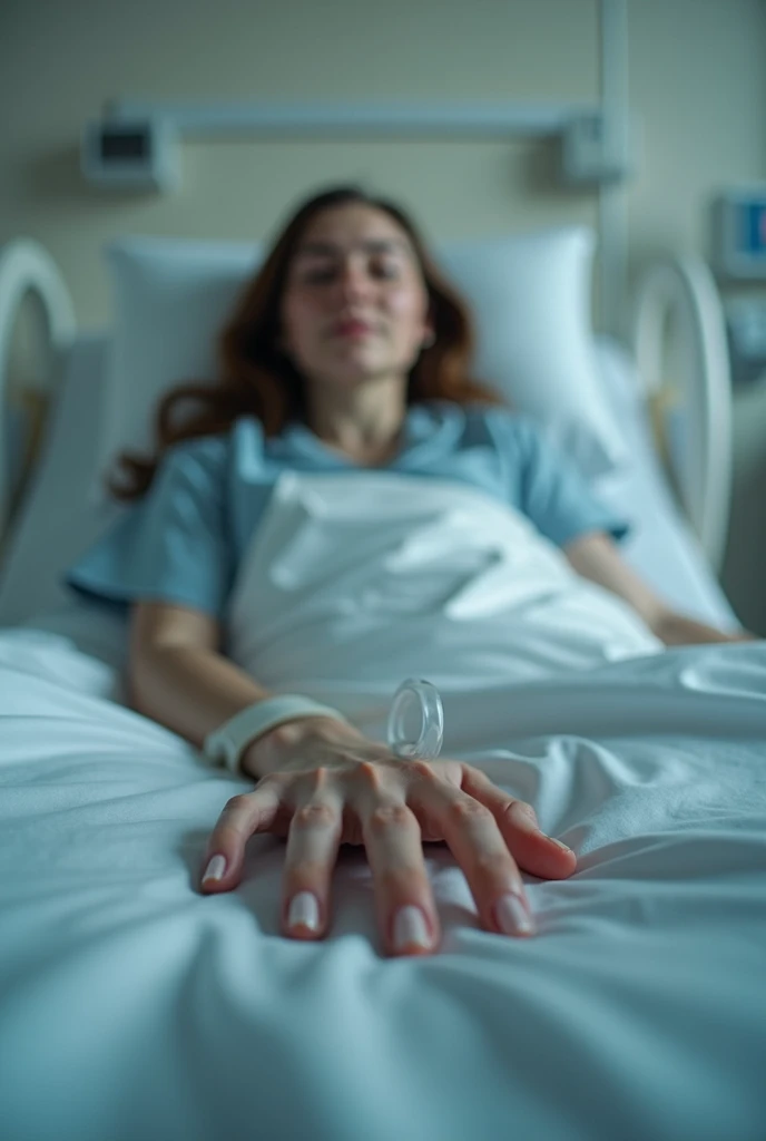 Make a point of view picture of a person lying on the hospital bed. Admitted because of low blood pleasure and a flu. Just make it sure the point of view is from a girl, and show only in the picture that her hand has a dextrose