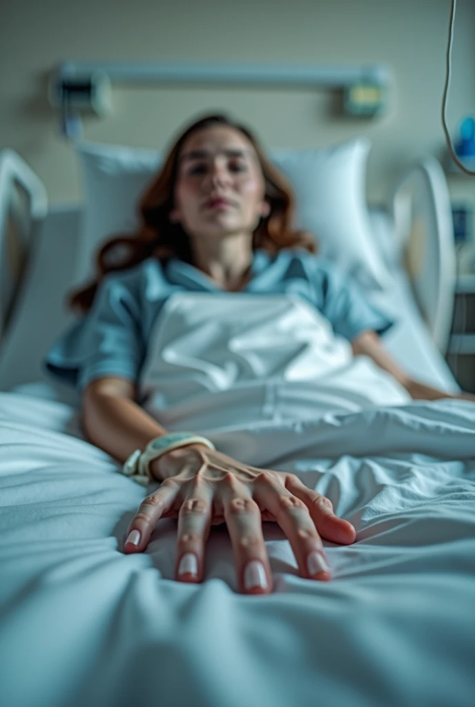 Make a point of view picture of a person lying on the hospital bed. Admitted because of low blood pleasure and a flu. Just make it sure the point of view is from a girl, and show only in the picture that her hand has a dextrose
