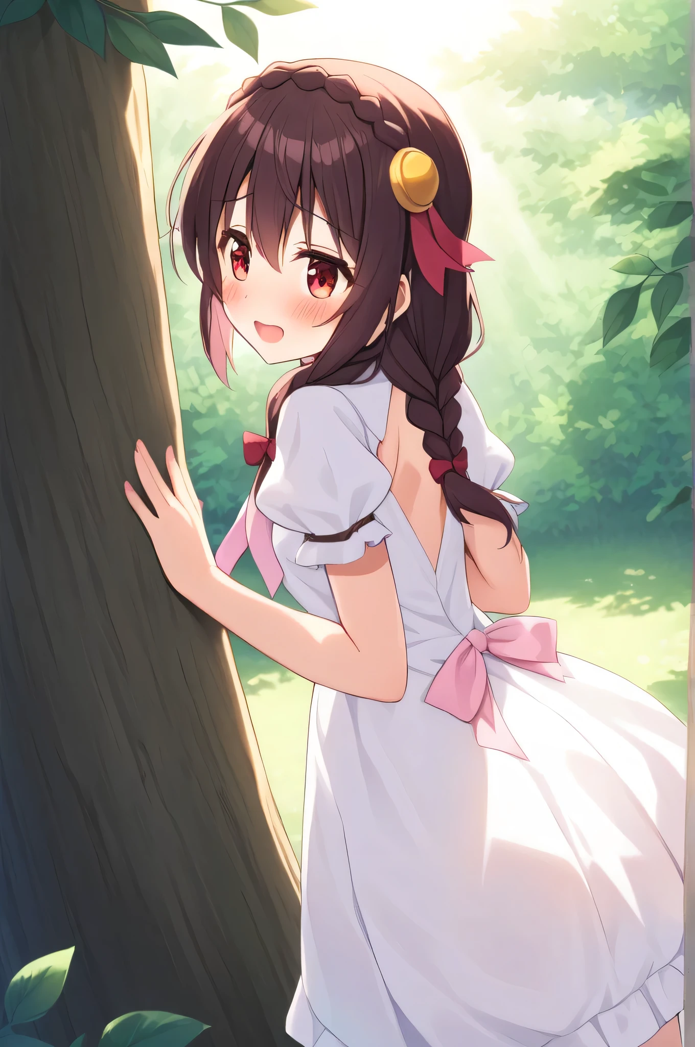 alone, One person, Yunyun, ♥、 (blush:1.7)、Crown braids of the same color as your hair、hair ornaments, Hair Ribbon, Pink tie, White dress, Shy laugh、Sunlight filtering through the trees、Looking back