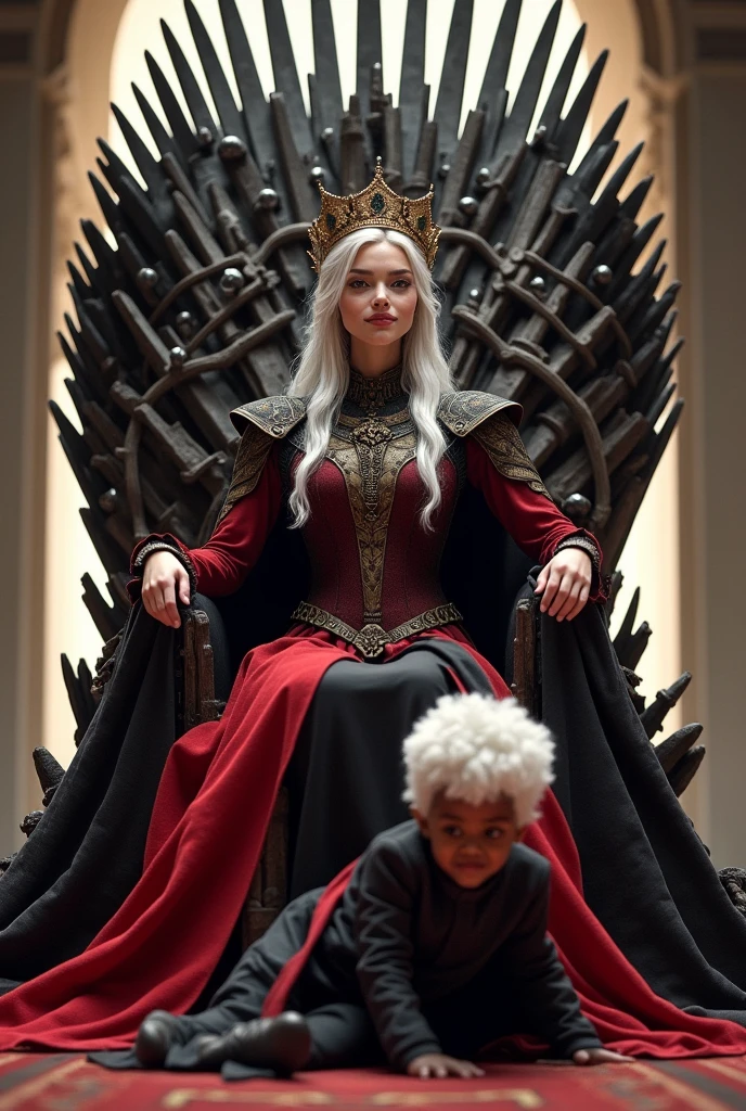 a queen with a crown smiling with slightly dark white hair and a defined face of a young man with a defined face years old red and black clothes on the iron throne and a  and a child white hair and dark skin playing on the floor