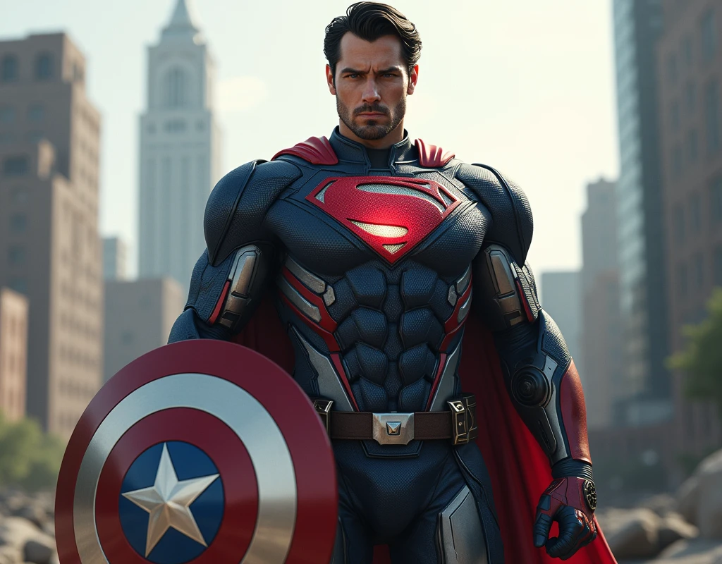 Possessing Iron Man&#39;s armor，and the Superman logo，A character holding a Captain America shield