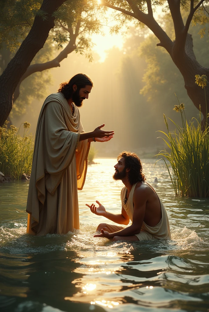 Creat an image of  John the Baptizer baptizing jesus in river of jordan