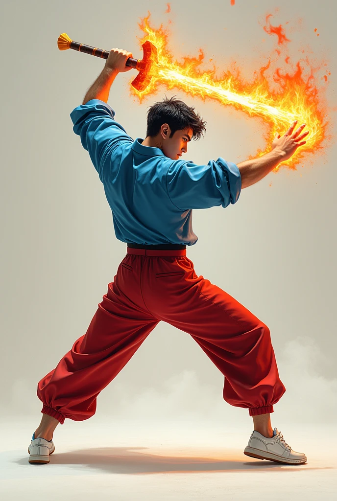 a man with a blue blouse, red pants, white shoes, in a fighting pose with a fire sword, black hair (realistic)