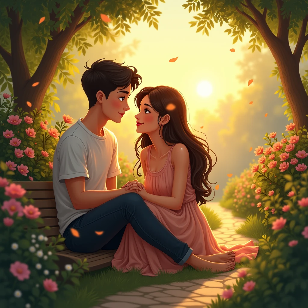 One cute couple sitting garden in evening 