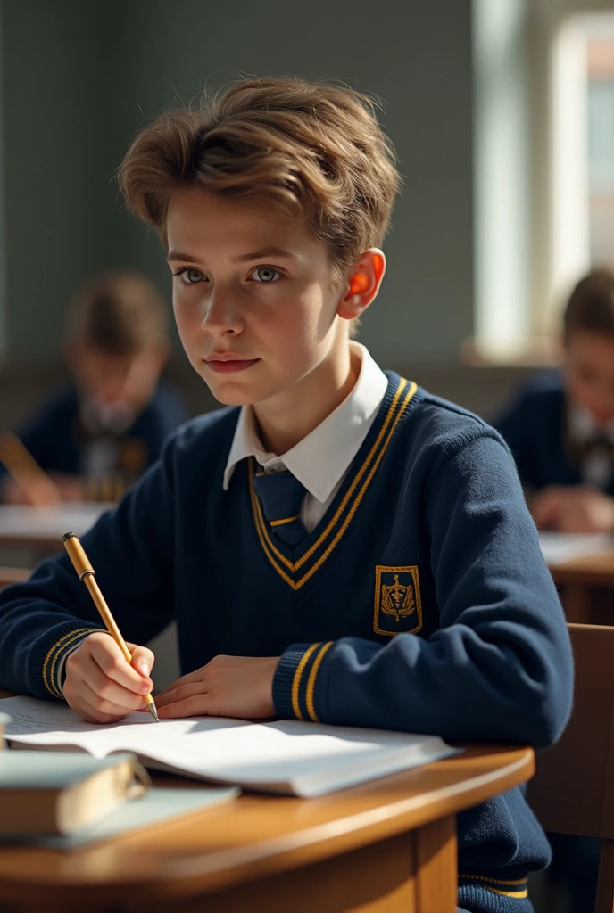 Developing cultural and intellectual skills, education according to the curricula prescribed for students , receiving information in the classroom, a close-up picture of a swedish student wearing a uniform sitting on a school desk, performing school assignments
