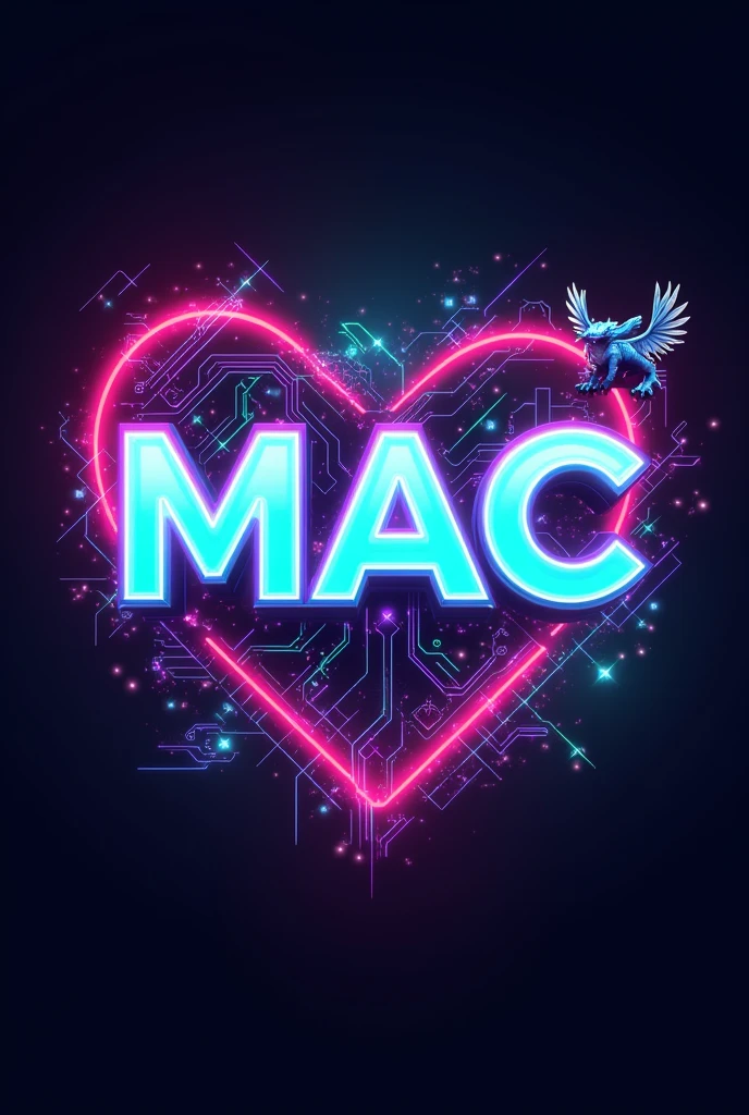 Create a logo image for a TikTok profile with the name 'Mac', with a distinct and unique gamer aesthetic. The logo should use a vibrant and eye-catching color palette., like neon green, purple and blue, with dynamic glow and gradient effects. The name 'Mac' should be displayed in a bold, futuristic font, with a pulsating neon effect and holographic details. Add unique graphic elements, like illuminated circuits that intertwine around the text, or glitch effects that convey a sense of advanced technology. Include rare details, like a stylized joystick icon that blends into the background or a small pixelated dragon on one of the edges, giving an epic and exclusive touch. The composition must be vibrant and captivating, capturing the essence of the gaming world with a touch of originality.