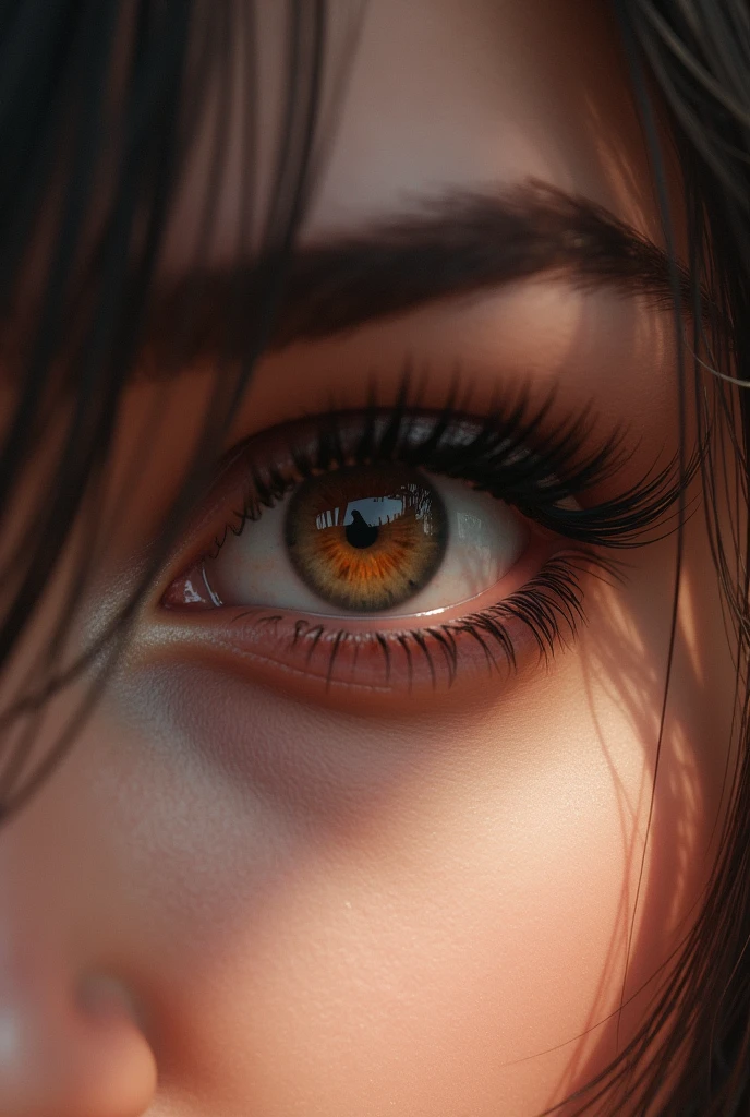 Female, zoom in one eye, volume and long eye lashes, brown colour eye, realistic style and features, no hair covers infront of the eye