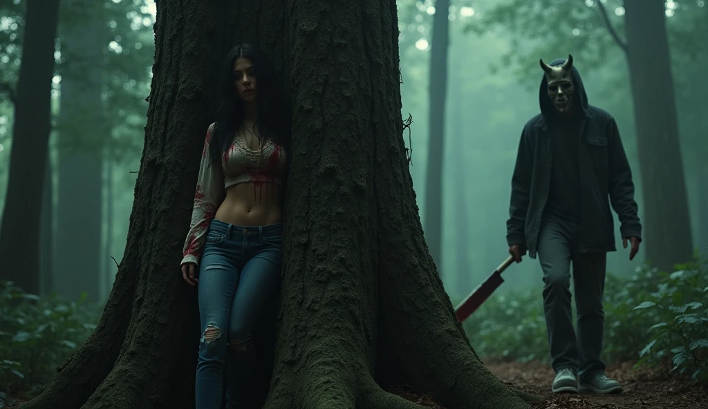 ultra realistic, photography, long black straight hair, messy hair, (30 years old, hazel eyes, hourglass figure, perfect fit body, natural big breasts), femme fatale, she is wearing a very ripped and torn blouse with a plunging neckline, pushed down over her right shoulder, blood is on her blouse, there are bloodstains on her blue jeans, her sneakers are dirty, she is hiding in the woods, standing behind a huge tree, she is leaning against the tree, she looks scared, a guy with a devils mask and a bloody machete is approaching behind her tree, he is looking around, extreme wide angle