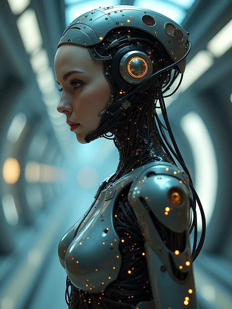 beautiful android woman abomination with wires and electronic elements integrated into her body in an organized way, spaceship environment, excellent lighting, detailed image