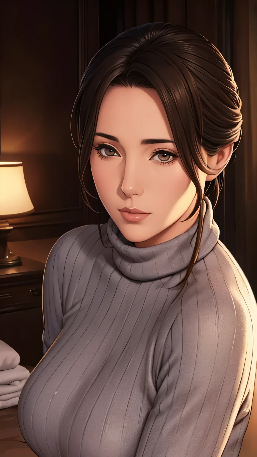 Beautiful mature woman, In a turtleneck sweater, Relax in the hot springs, Front view, Written by hand, Illustration Style, Detailed facial features, Very detailed, 8k, Realistic, Beautiful attention to detail, Beautiful lip detail, Very detailed顔, Intricate details, Warm color palette, Soft lighting, Digital Painting, masterpiece