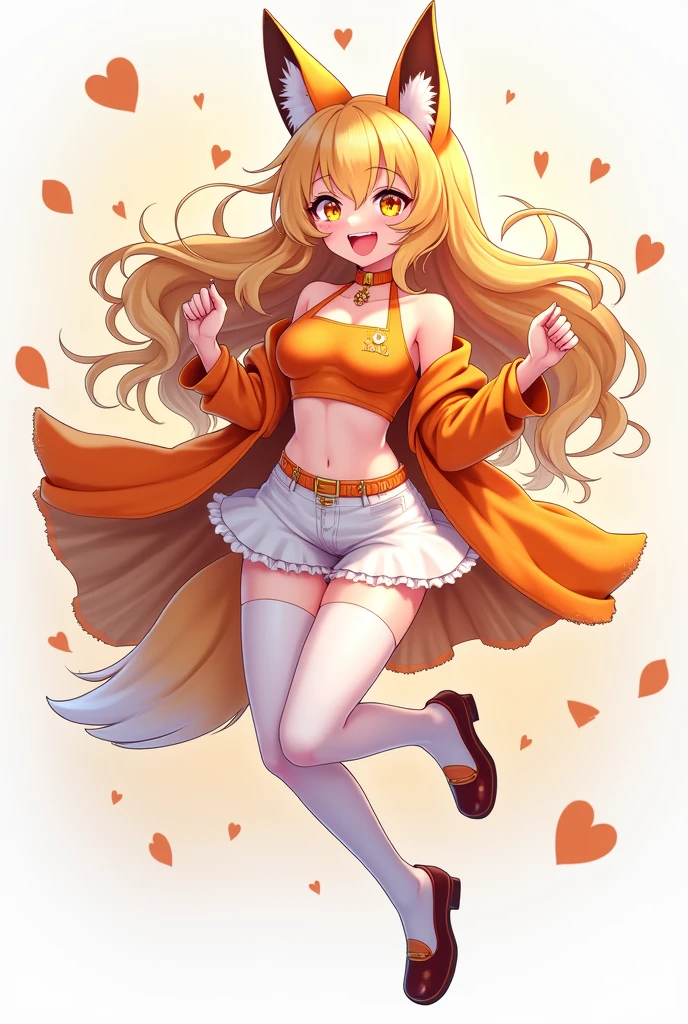 Beautiful Vtuber girl long hair smiley face with a fox ear wearing an beautiful orange crop top, white short skirt and stocking. Jumping pose. no background.