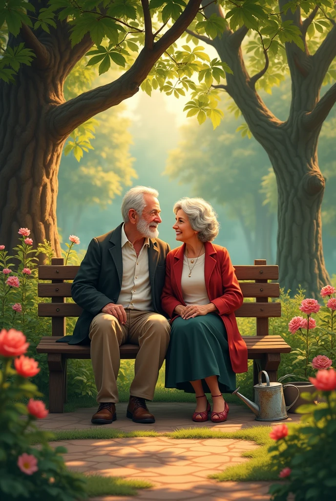 A old couple, sitting evening time , in garden, 