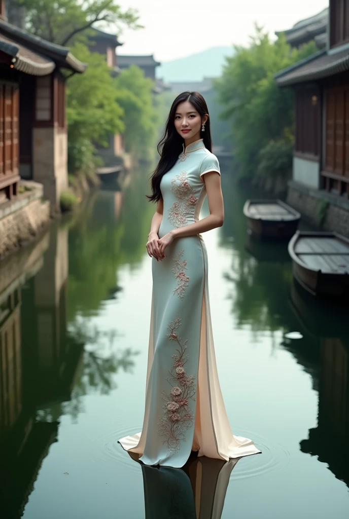 Chinese cheongsam for women，In China&#39;s water villages，Beautiful posture is very beautiful，full-body shot，Aerial Photography