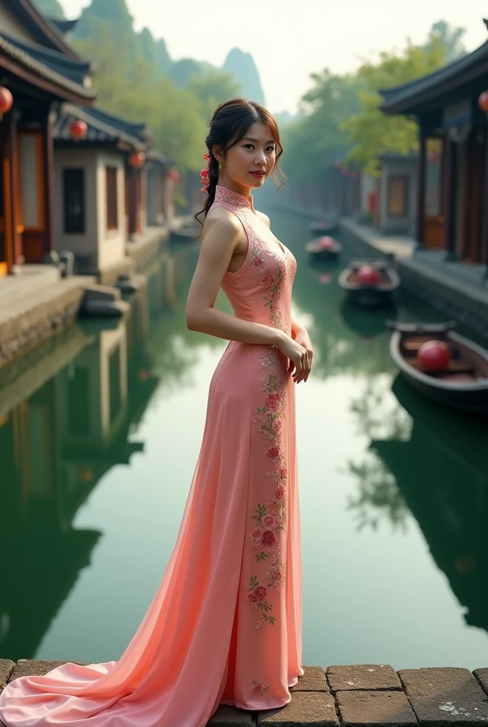 Chinese cheongsam for women,In China's water villages,Beautiful posture is very beautiful,full-body shot,Aerial Photography