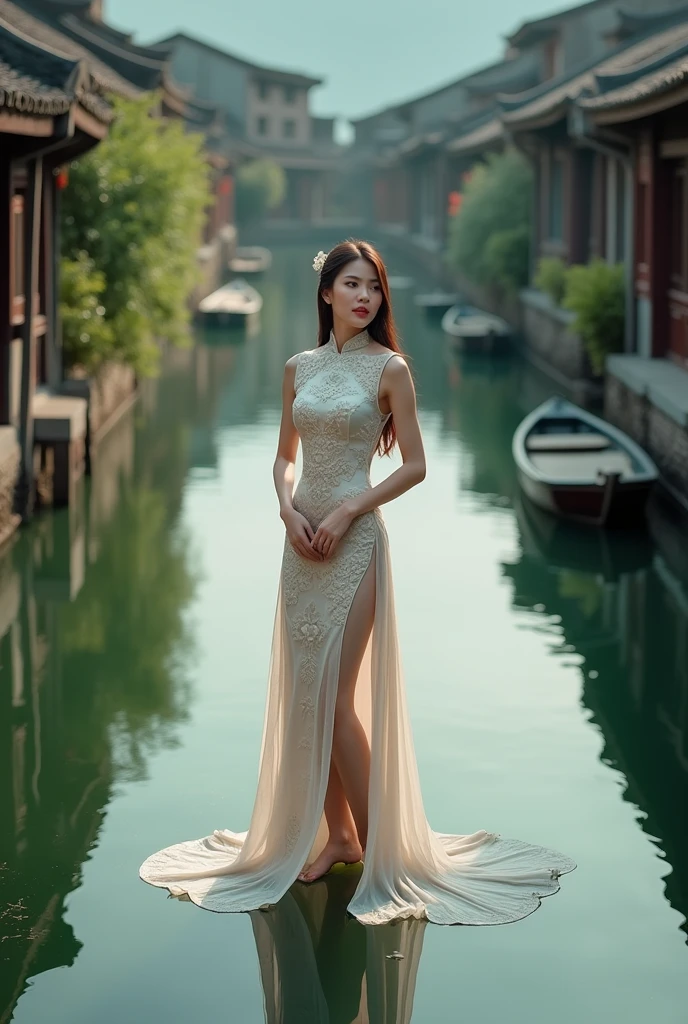 Chinese cheongsam for women，In China&#39;s water villages，Beautiful posture is very beautiful，full-body shot，Aerial Photography