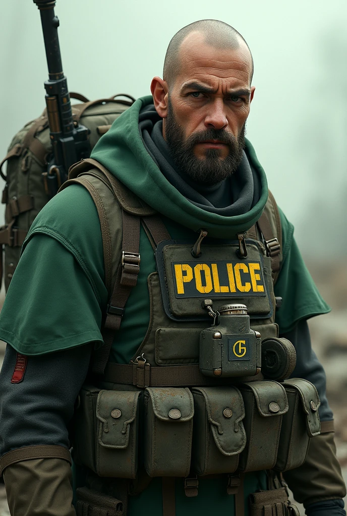 A bald man with a small beard in the apocalypse and he’s young and also it he has a poncho on also he has som military gear on like a helmet the poncho has to be green. The man has a gun on his back next to his backpack and also the armour plate have to says on it police the poncho has to be over the clothings and the man has to look directly in the camera