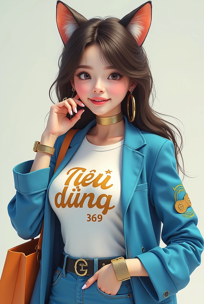 Tạo cho tôi ảnh đại diện facebook là 1 cô gái, cô ấy mặc trang phục trẻ trung, cá tính màu xanh dương phối màu trắng và vàng, trên trang phục có dòng chữ tiếng việt nam "tiêu dùng 369" , khuôn mặt của cô ấy là khuôn mặt của một chú mèo dễ thương, cô ấy có 1 giỏ mua sắm