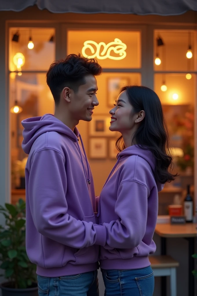 A Thai guys and girls wearing purple long-sleeved couple hoodie facing front, were standing in front of a cafe with golden lights. Afternoon background