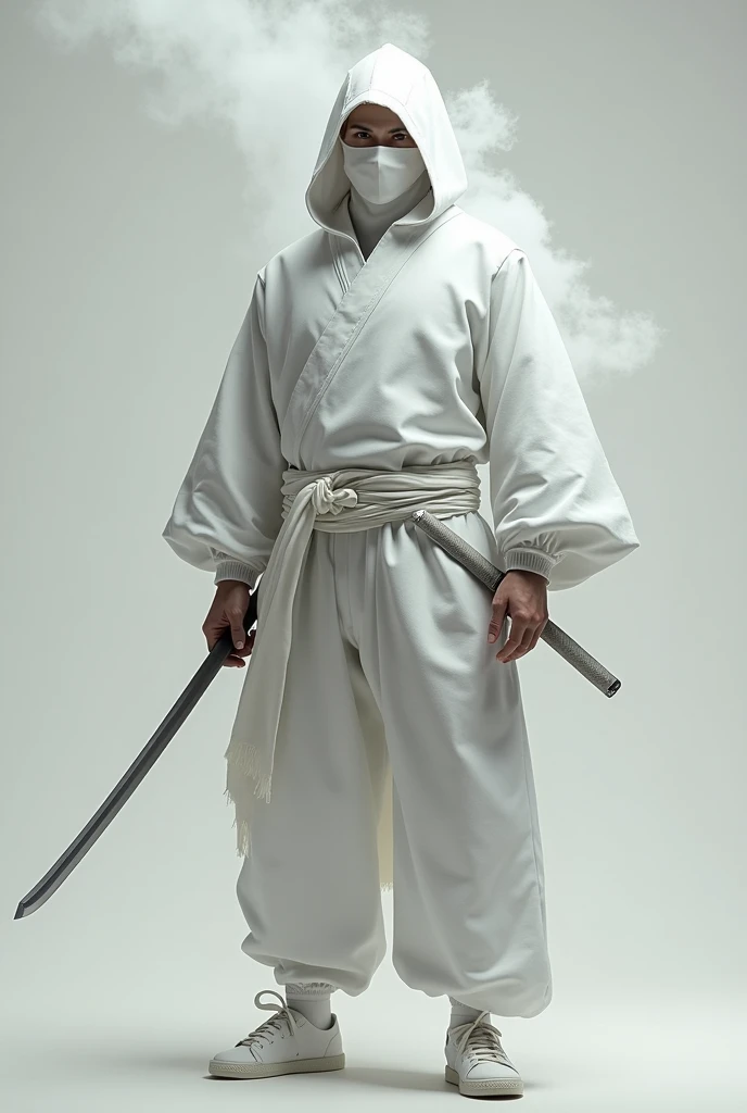 Good physical shape man wearing white Japanese ninja combat suit with white mask without eyes has steam on his body holding a katana