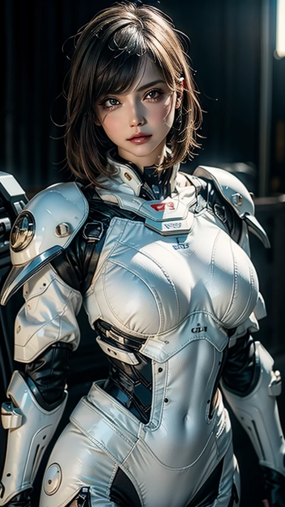 masterpiece, Highest quality, Ultra-realistic, Ultra-detailed, 8k resolution, RAW Photos, Sharp focus, (One person), alone, Gorgeous face, Perfect body, Mature Woman, Age 25,  Portraiture, Mecha, White Armor, Nanosuit, sexy, Messy Hair, Cinematic, Cinematic light, Large Breasts