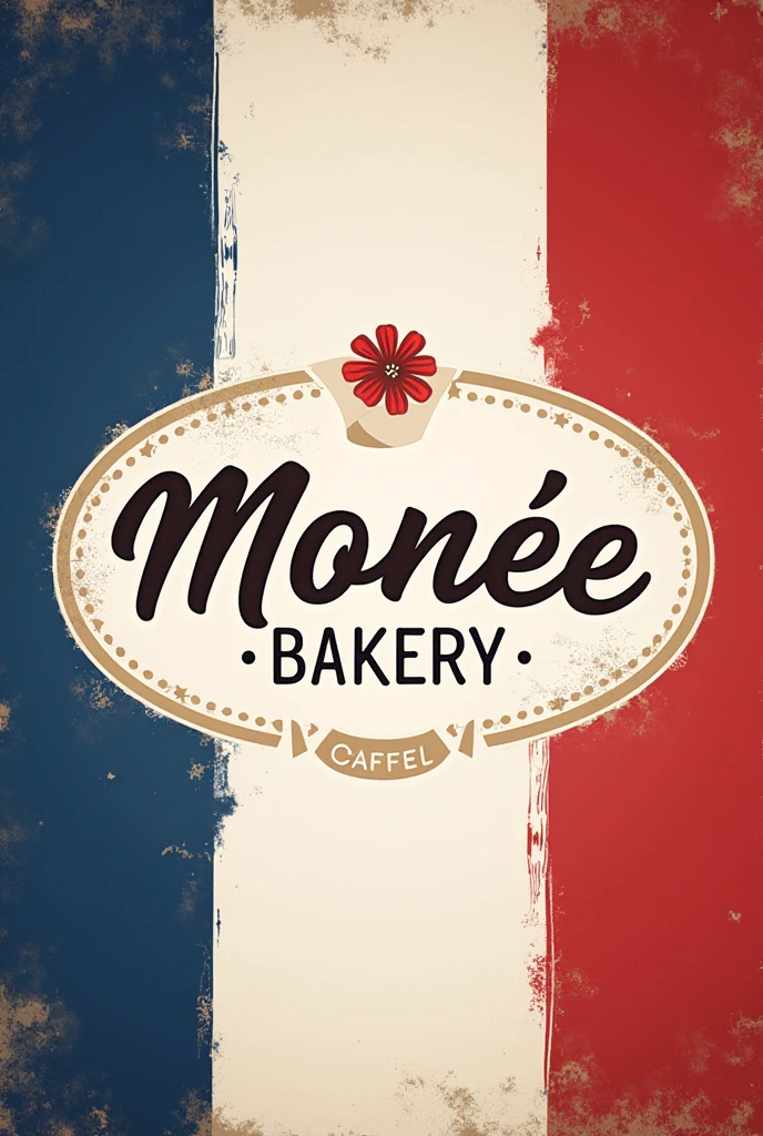 I want to create a logo for a French cafe Cafe name Monebakery Make a logo in size 9:16 Make it with the French flag in the background Make it very beautiful 