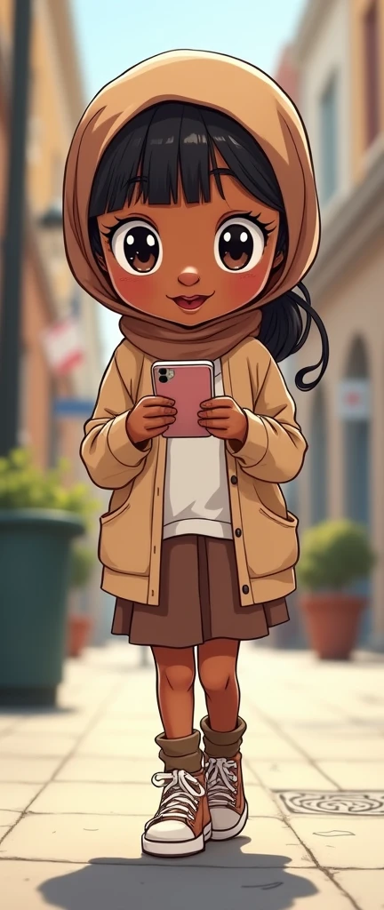 Cartoon with text:
(masterpiece, best quality, 4k, expressive eyes, perfect face, 2d style, flat style, hand drawn, perfect Illustration), Cute and adorable face, black girl, big detailed eyes,, Cute little cartoon girl, makeup, with brown hijab on, bangs, brown Hijab, wearing oversized beige cardigan, white shirt, brown skirt, brown socks, sneakers, inon sidewalk, using her phone, from below, upskirt, wide eyes, surprised, side view, walking, full body view
