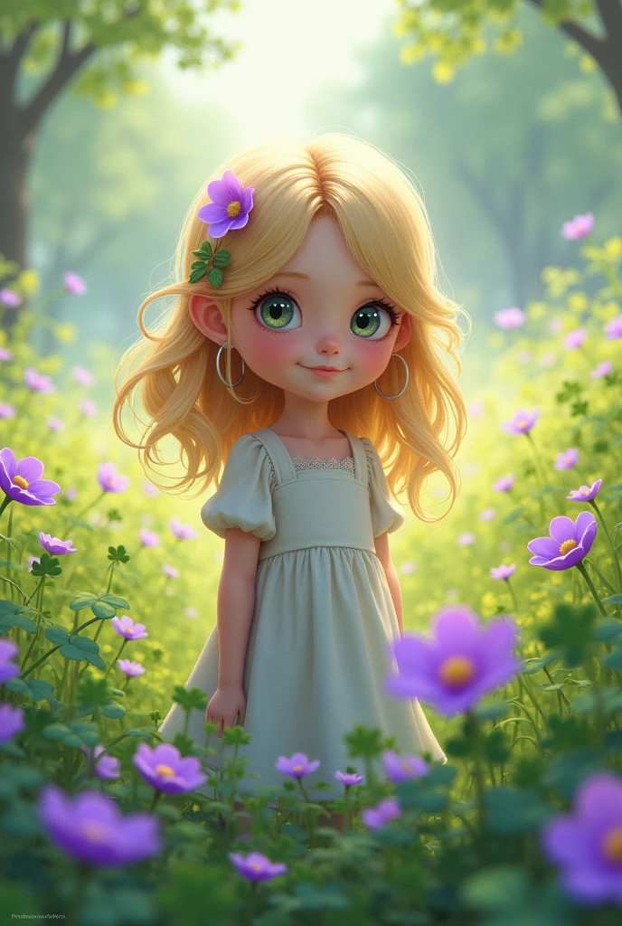 one *blond girl* with a purple flower in a field full of them and clovers