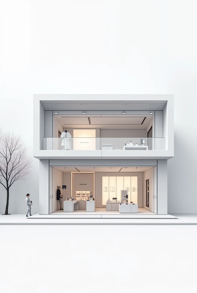 2D art of a gadget store's front view leave the background white with modern design but minimalist at least multiple floors