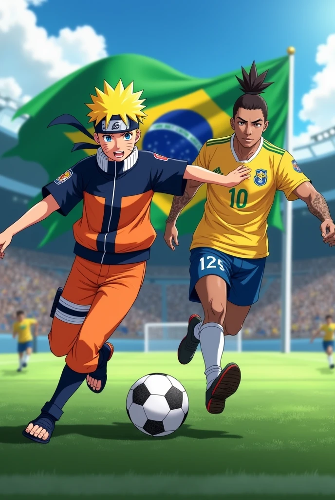 Naruto on a soccer field with Neymar with the Brazilian flag behind