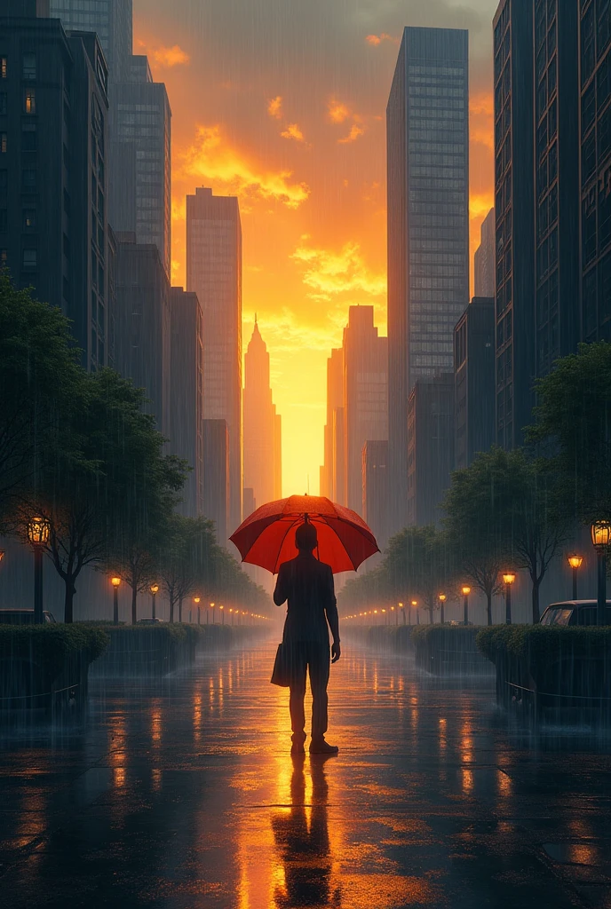 Landscape,city,sun set,hold umbrella ,dark sence, Rain