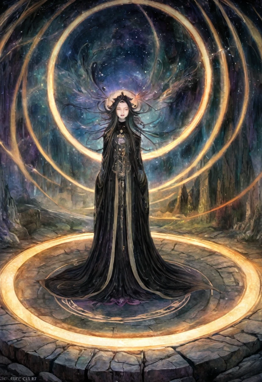 (Magic Circle:1.5), Aesthetic, Extremely detailed, excellent, illustration, Mid-shot, Magic Circle, curious, (Mystic energy:1.2) Internal rotation, Ancient Stone Circle,, Soft light, Two-tone lighting, Dim Lights, fantasy, Compared, Watercolor, Fairy Tale Core, Dream Core, adi granov, Brian Froud, John Jude Palenca.空中飘浮着的苍白色Magic Circle, ,The hero who stopped the world from being destroyed, The back of the character, City as background