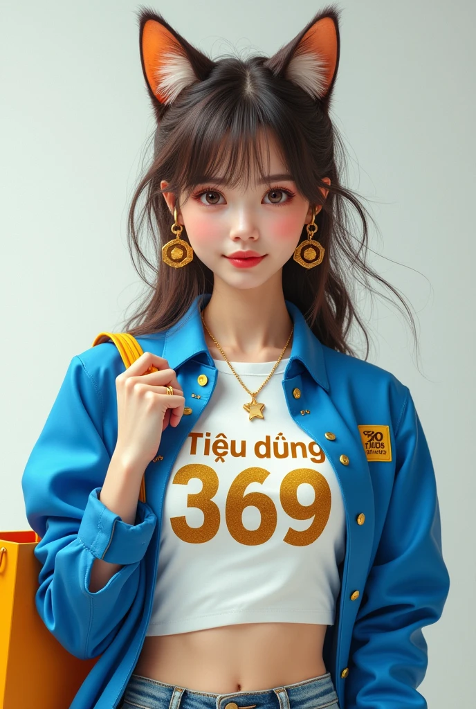 Tạo cho tôi ảnh đại diện facebook là 1 cô gái, cô ấy mặc trang phục trẻ trung, cá tính màu xanh dương phối màu trắng và vàng, trên trang phục có dòng chữ tiếng việt nam "tiêu dùng 369" , khuôn mặt của cô ấy là khuôn mặt của một chú mèo dễ thương, cô ấy có 1 giỏ mua sắm