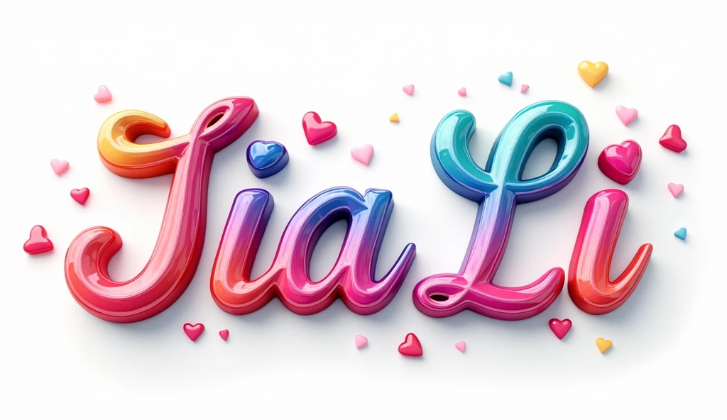 A captivating 3D typography masterpiece that spells out "Jia Li" in a graceful, flowing cursive font. Each letter is imbued with captivating, vibrant colors that transition seamlessly from fiery pinks to electric blues, sunny yellows, and lush greens glass work. The letters dance and flow, creating a mesmerizing effect as if they are melting or flowing with the motion. Hearts of various sizes and colors decorate the design, adding a touch of magic and whimsy to the piece. The white background highlights the bold, striking letters and enhances the visual contrast, making this creation truly unforgettable. This incredible work of art masterfully blends typography, 3D render techniques, and illustration to create a visually stunning and enchanting experience., illustration, typography, 3d render, vibrant, graffiti