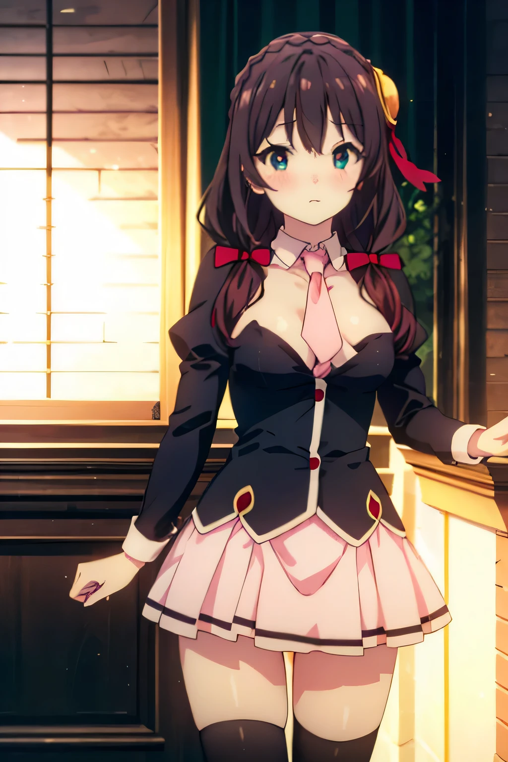 alone, One person, Yunyun, Happy expression、(blush:1.2)、Crown braids of the same color as your hair, (Red Eyes:1.2)、hair ornaments, Hair Ribbon, Pink tie, Black long sleeve, Pink Skirt, Knee socks, Cleavage,, Highest quality, High resolution,(Delicate and beautiful eyes:1.6), The face is rich in detail, Perfect lighting, Highly detailed CG,
