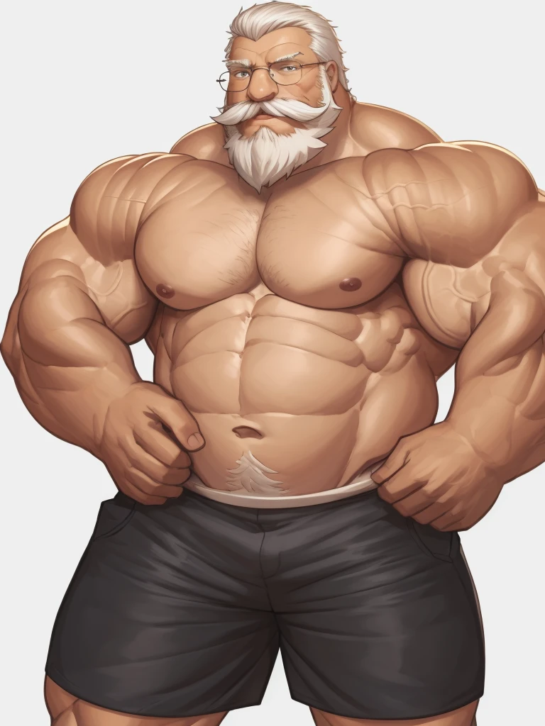 solo, 1boy, Huge Muscular Old man wearing glasses , pectoral, huge pectoral, wide pectoral, short white hair, ((short pants and shirtless, nude, topless:1.3)), bearded, mustache, simple background, masterpiece, high detailed, 8k, high resolution