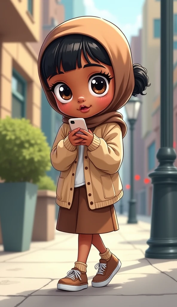 Cartoon with text: 
(masterpiece, best quality, 4k, expressive eyes, perfect face, 2d style, flat style, hand drawn, perfect Illustration), Cute and adorable face, black girl, big detailed eyes,, Cute little cartoon girl, makeup, with brown hijab on, bangs, brown Hijab, wearing oversized beige cardigan, white shirt, brown skirt, brown socks, sneakers, inon sidewalk, using her phone, from below, upskirt, wide eyes, surprised, side view, walking, full body view 