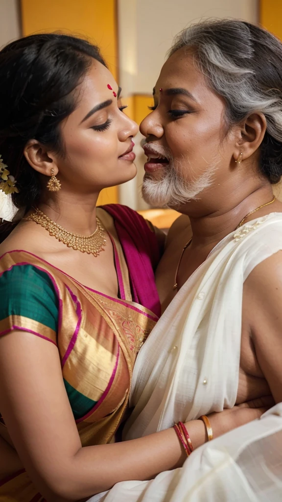 A 25 year old beautiful South Indian plus sized blue colour glittered skirt and blue colour chiffon blouse wearing teacher and her friend kissing a 68 year old man in bed room,