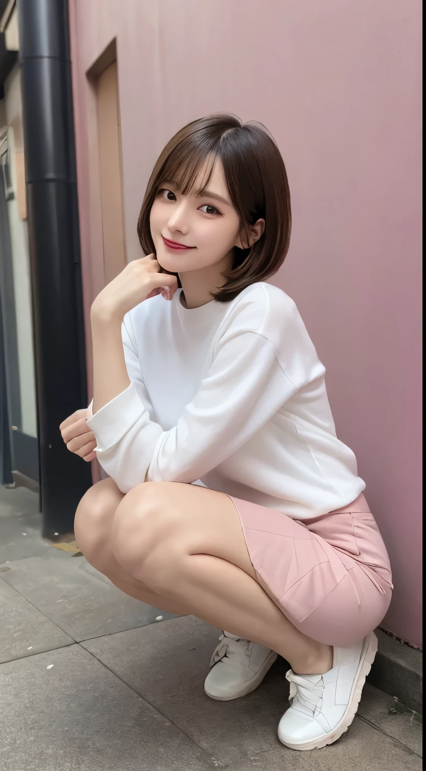 In detail,Full body photo、 smile、High resolution, high quality、Perfect dynamic composition, Beautiful details, blonde、Bobcut、Natural color lip,Kamimei、1 person、1 person、Beautiful Skin、White shirt、Red mini skirt、Thighs、Shiny Hair、最high quality, shape, Very detailed, In detail, High resolution, 8k、The correct state of the human body、Squat、Sculpture model pose,Pink Wall