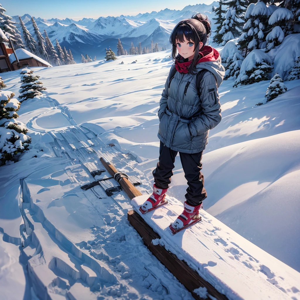 anime, Tabletop, Highest quality, 8k_wallpaper, (Beautiful Eyes), ((Snow is piling up)), cute, (The outerwear is grey、The bottom trousers are grey),One Girl,small ,1 female student、smile、Brown bob hair、(((Snow as far as the eye can see)))、Ski resort on a sunny day、snow board、(((Girl Standing On Top Of A Mountain)))(((snow boardを手に持っている)))、