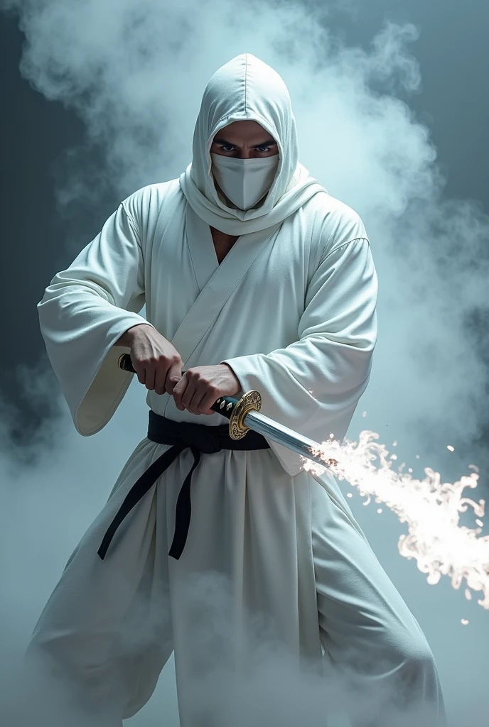 Good physical shape man wearing white Japanese ninja combat suit with white full mask without eyes has steam on his body that has a katana that has white fire