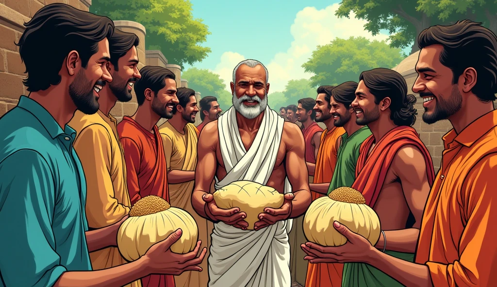 Dhruv Sharing His Harvest with the Village
Description: In a comic style, Dhruv is shown sharing his harvested crops with the villagers. He’s distributing sacks of grain to the villagers, still wearing his white dhoti and brown kurta. The villagers, who are dressed in colorful traditional attire, are smiling and thankful.