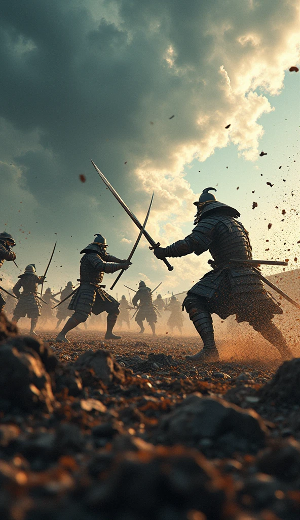 A panoramic view of a battlefield with samurai clashing, their armor shining under a stormy sky, realistic, UHD, dynamic movement and intensity.