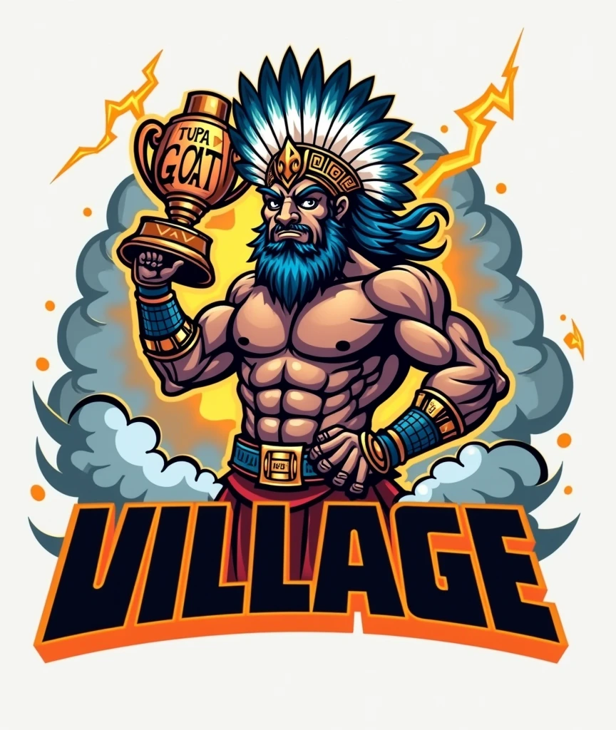 create a sports logo with the name "village" with a mascot God of thunder Tupã holding a trophy written "goat" por dentro