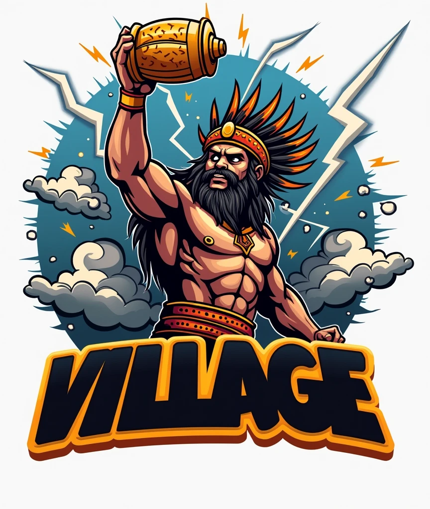 create a sports logo with the name "village" with a mascot God of thunder Tupã holding a trophy written "goat" por dentro