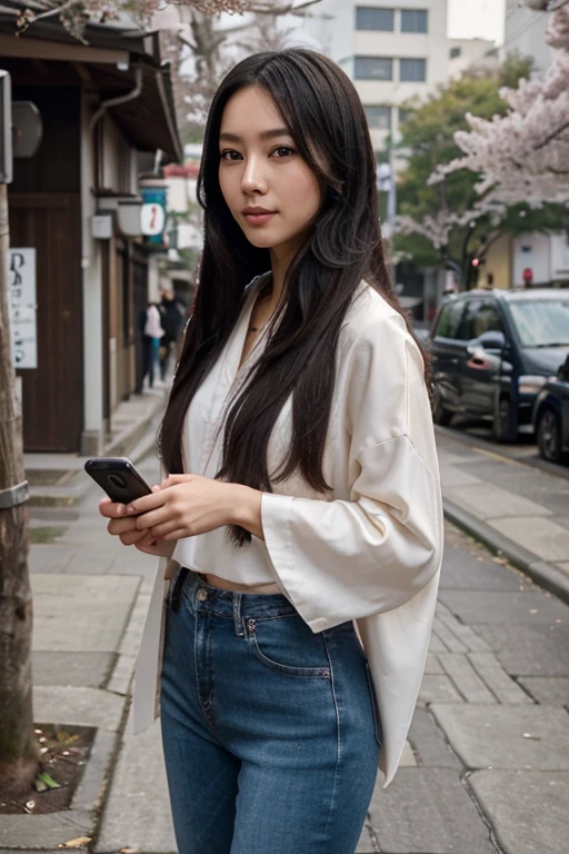 Create an image of a beautiful young Japanese woman with long, silky black hair and flawless porcelain skin. She is dressed in a stylish, modern outfit that blends traditional Japanese elements with contemporary fashion—perhaps a kimono-inspired top paired with sleek, high-waisted jeans. Her expression is warm and inviting, with a gentle smile that exudes confidence and charm. The background features a subtle hint of cherry blossoms, adding a touch of cultural elegance. She is holding a smartphone, engaging with her followers in a relaxed, urban setting that suggests she is a trendy influencer.