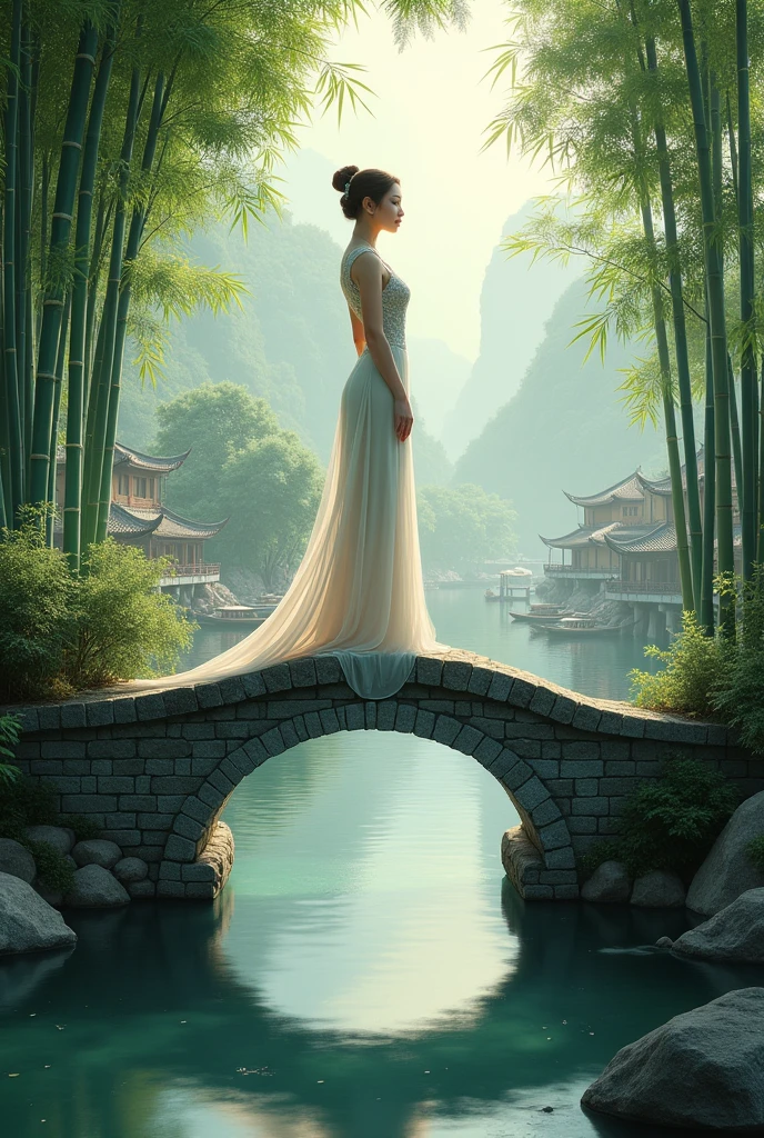 Cheongsam for women,In China's water villages,Stone Arch Bridge,bamboo forest,Beautiful posture is very beautiful,full-body shot