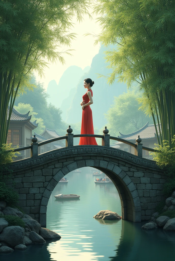 Cheongsam for women,In China's water villages,Stone Arch Bridge,bamboo forest,Beautiful posture is very beautiful,full-body shot