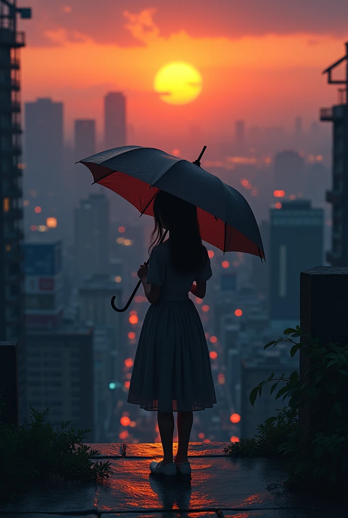 Landscape,city,sun set,hold umbrella girl ,dark sence,3d